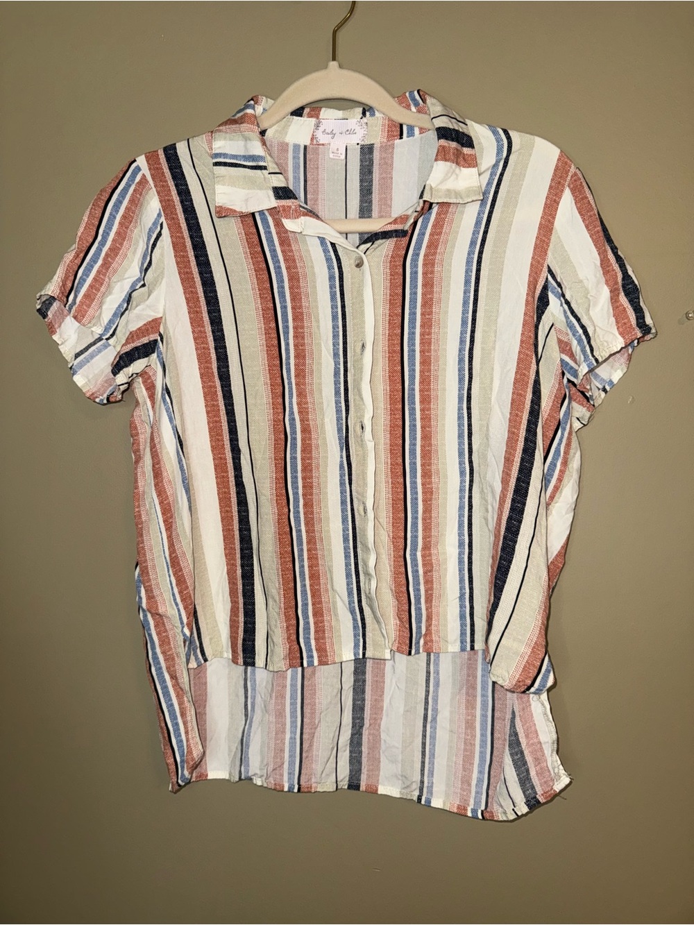 Bailey & Chloe Striped Short Sleeve Hi-Lo Button Up Blouse Top Small